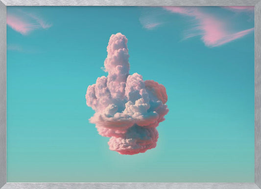 A surreal framed artwork featuring a large pink and white cloud in the shape of a hand giving the middle finger, set against a bright turquoise sky with faint wispy pink clouds. Wall Art