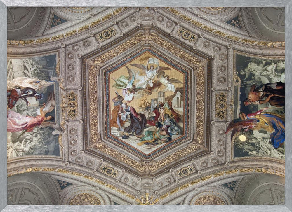 A detailed photograph of an ornate, coffered ceiling from the Renaissance period. The ceiling has intricate grey and gold architectural details, with a central hexagonal fresco and smaller side paintings depicting religious scenes with angels and figures in classical robes, all enclosed in a silver frame. Artwork