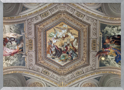 A detailed photograph of an ornate, coffered ceiling from the Renaissance period. The ceiling has intricate grey and gold architectural details, with a central hexagonal fresco and smaller side paintings depicting religious scenes with angels and figures in classical robes, all enclosed in a silver frame. Artwork