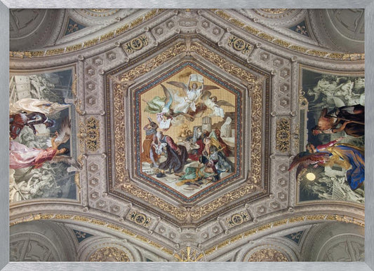 A detailed photograph of an ornate, coffered ceiling from the Renaissance period. The ceiling has intricate grey and gold architectural details, with a central hexagonal fresco and smaller side paintings depicting religious scenes with angels and figures in classical robes, all enclosed in a silver frame. Artwork