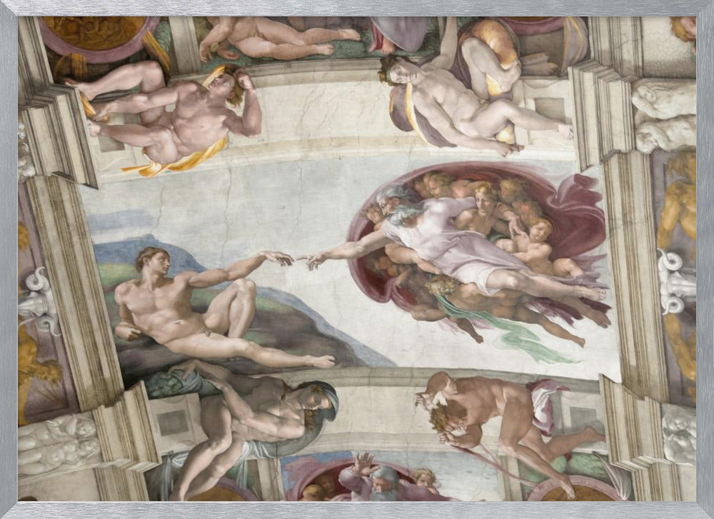 A framed print of Michelangelo's iconic Renaissance painting, 'The Creation of Adam,' showing God reaching from the heavens to give life to a reclining Adam. Poster