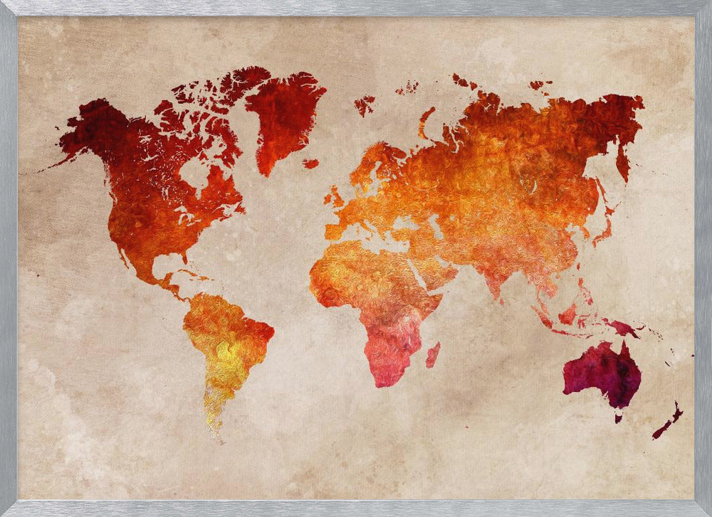 An artistic world map with continents filled in a fiery, textured blend of red, orange, and yellow hues. The map is set against a distressed, parchment-style beige background and is presented in a brushed silver frame. Poster