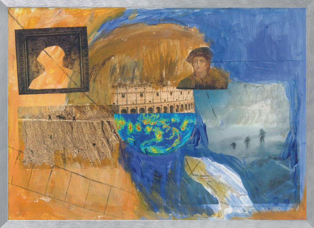 An abstract mixed-media collage in a silver frame, featuring prominent blue and orange painted sections. The collage includes images of the Roman Colosseum, a weather map, a framed silhouette, a historical portrait, a map of Italy, and various photographic scenes, creating a layered and complex composition. Wall Art