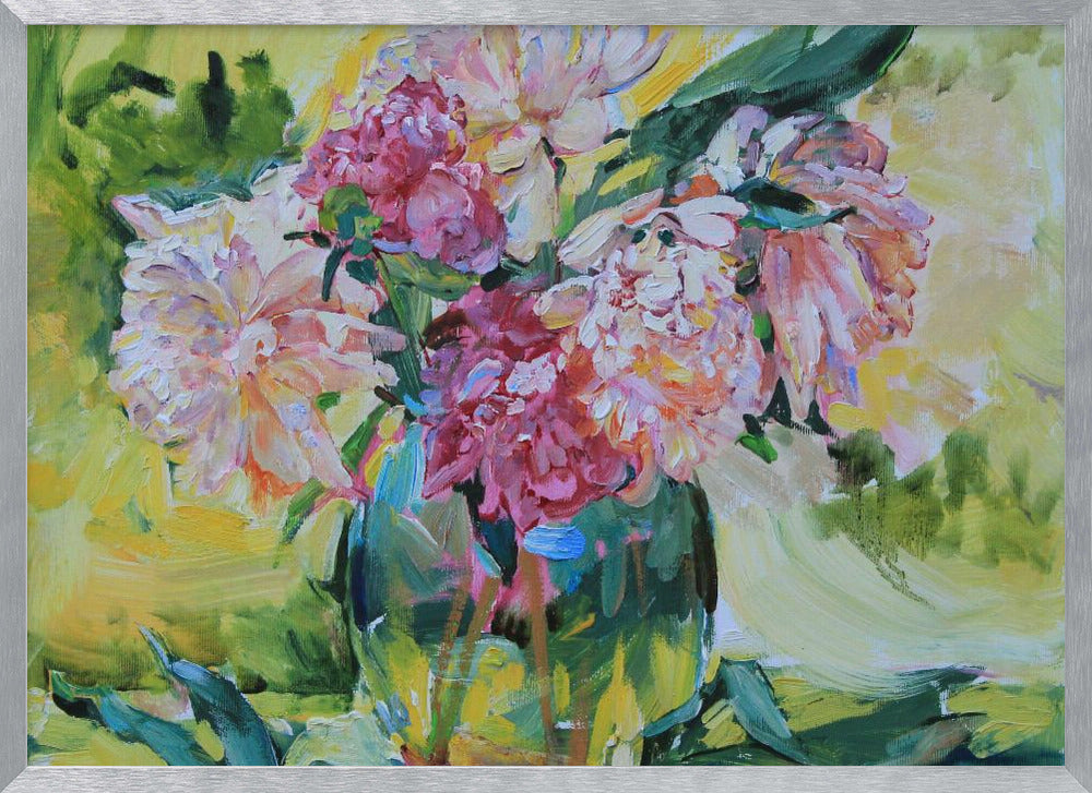 An impressionistic painting of a lush bouquet of pink and white peonies in a glass vase. The background is a vibrant mix of yellow and green, and the entire piece is characterized by thick, textured brushstrokes and set within a silver frame. Artwork