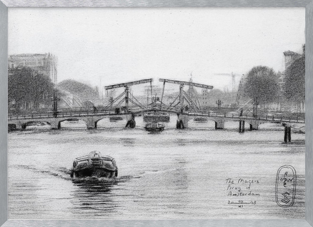 A framed black and white pencil drawing of the Magere Brug, a famous bridge in Amsterdam. The drawbridge is depicted over a canal with a boat in the foreground, creating a classic European city scene. Wall Art