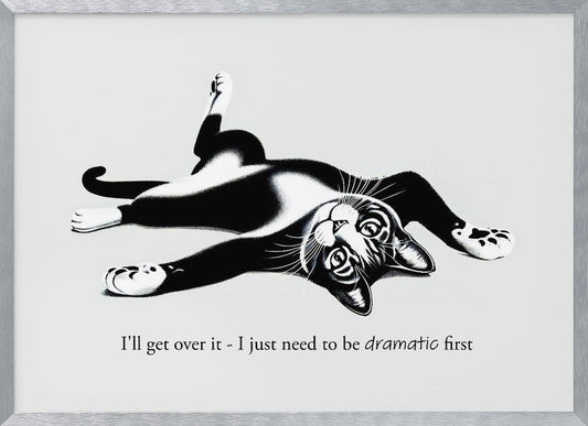 A framed black and white illustration of a tuxedo cat lying playfully on its back. Below the image is the text, 'I'll get over it - I just need to be dramatic first'. Artwork