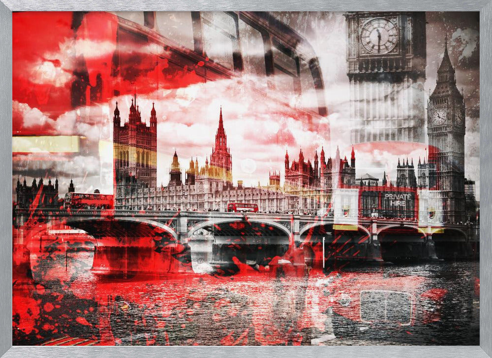 A modern abstract artwork of the London skyline featuring the Houses of Parliament and Big Ben in black and white, overlaid with bold, splashy strokes of bright red. The dramatic red is most prominent in the sky and reflected in the River Thames, creating a stark contrast. A classic red double-decker bus can be seen crossing Westminster Bridge. Decor