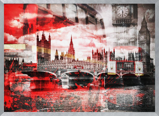 A modern abstract artwork of the London skyline featuring the Houses of Parliament and Big Ben in black and white, overlaid with bold, splashy strokes of bright red. The dramatic red is most prominent in the sky and reflected in the River Thames, creating a stark contrast. A classic red double-decker bus can be seen crossing Westminster Bridge. Decor
