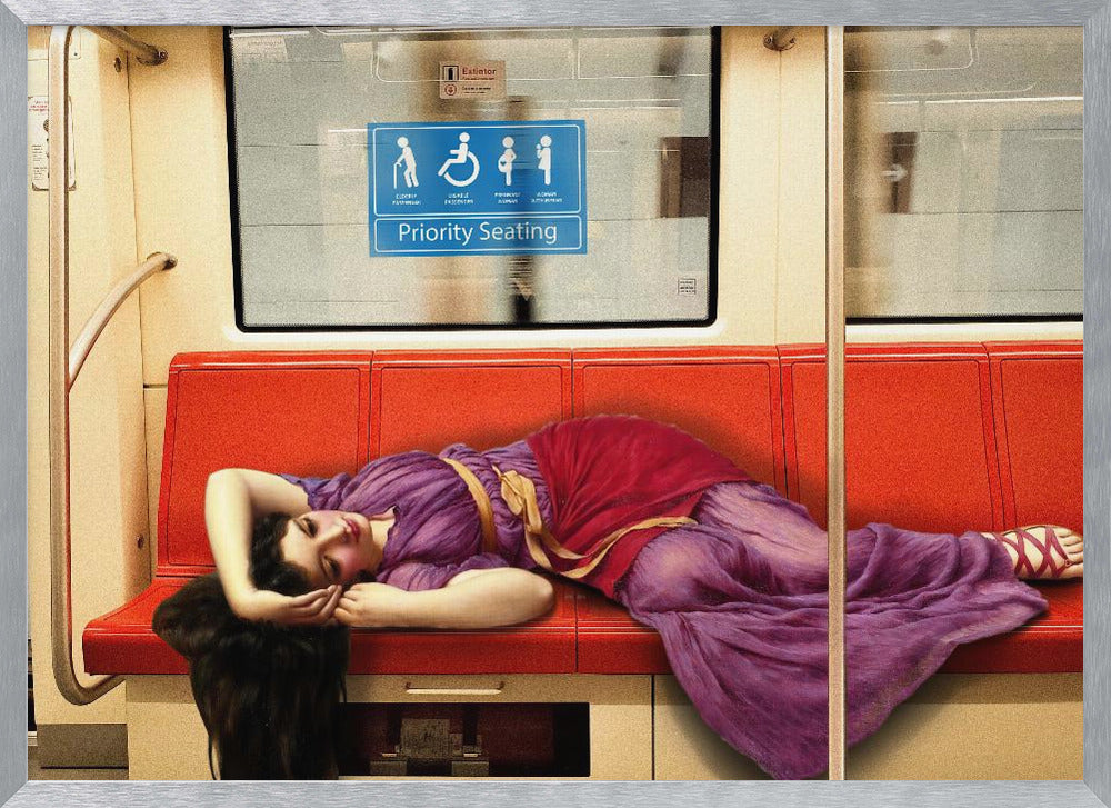 A framed surrealist artwork depicting a woman in a classical purple and red toga sleeping across a row of modern red subway seats. Above her on the window is a blue 'Priority Seating' sign, creating a humorous juxtaposition between ancient and modern life. Artwork