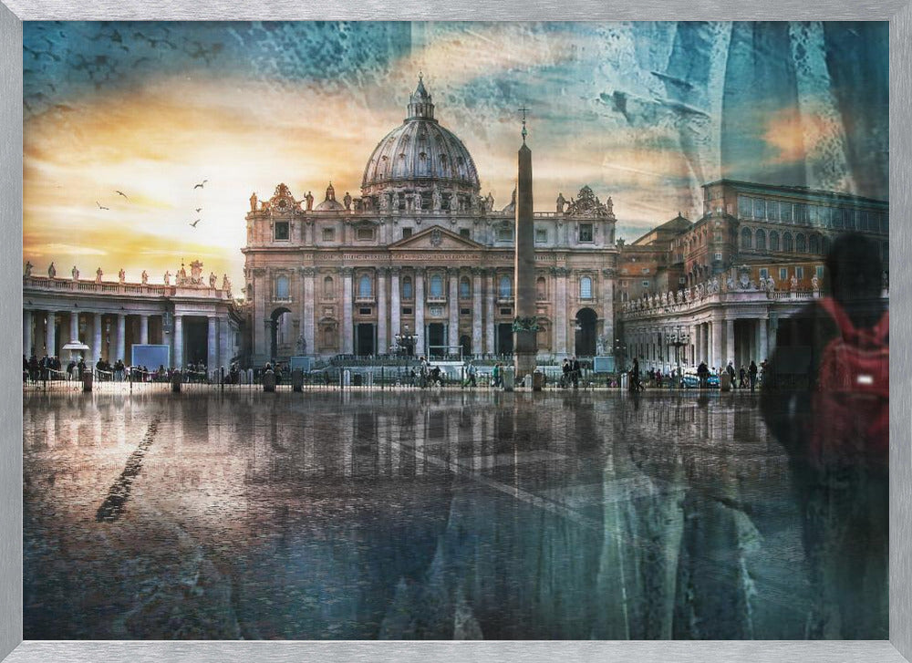 An artistic photograph of St. Peter's Basilica in Vatican City at sunset, with its reflection visible on the wet cobblestones of the square. The image has a textured overlay and a ghostly silhouette of a person with a red backpack on the right, all enclosed in a silver frame. Wall Art