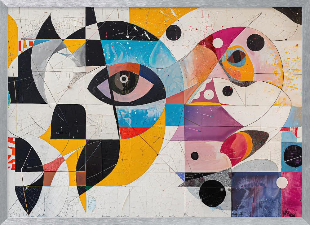 A vibrant and complex abstract painting in a silver frame. The artwork features a large, stylized eye as a central focus, surrounded by a fragmented collage of geometric shapes, bold lines, and vivid colors including yellow, blue, and magenta. Elements like black and white checkerboard patterns and scattered black circles add to the dynamic composition, all set against a textured, crackled white background. Print