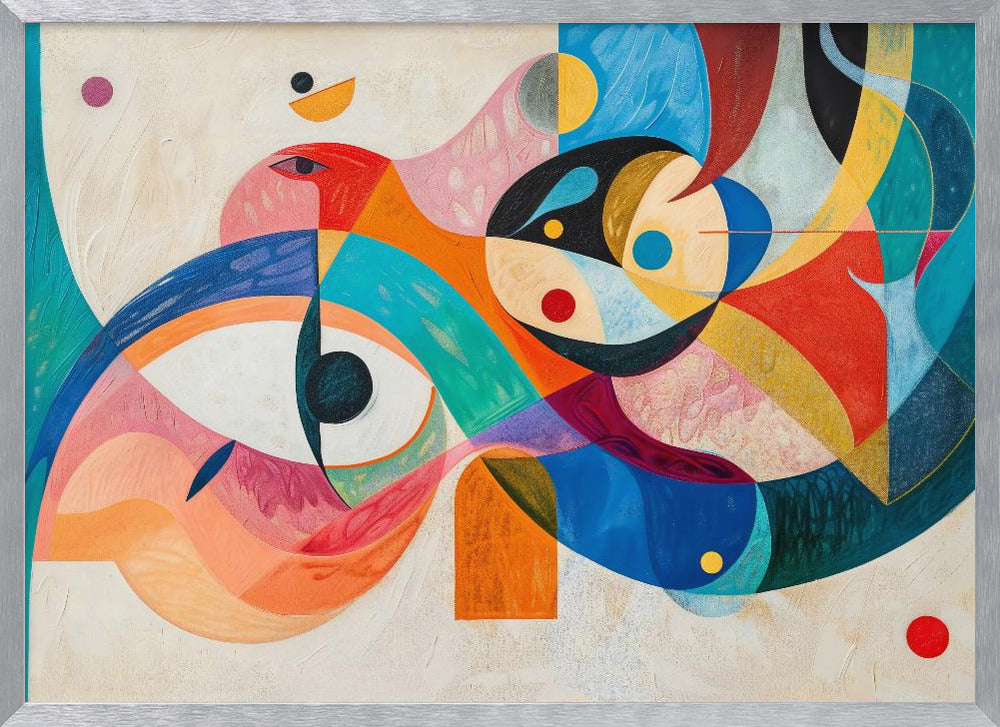 A vibrant abstract painting in a silver frame, featuring a dynamic composition of overlapping geometric and biomorphic shapes. The artwork is rich with color, including bold blues, oranges, reds, pinks, and yellows, with stylized eye-like forms and bird-like figures against a textured off-white background. Artwork