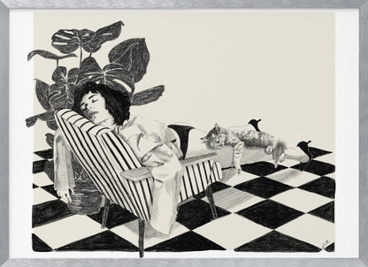 A black and white sketch of a woman with short dark hair sleeping in a striped armchair. A large potted plant is behind her, and a cat is sleeping stretched out across her legs. The floor has a black and white checkerboard pattern. Decor