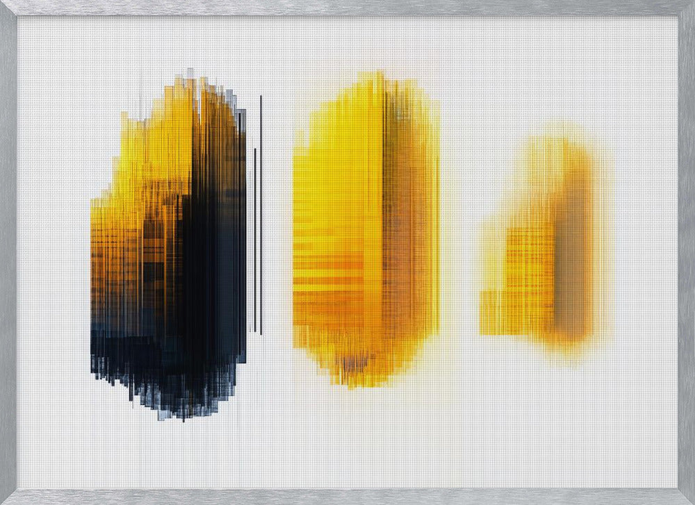 A modern abstract artwork in a silver frame, featuring three vertical formations of lines on a white grid background. The left formation transitions from yellow to black, while the center and right formations are composed of glowing yellow and orange lines, creating a digital, pixelated effect. Poster