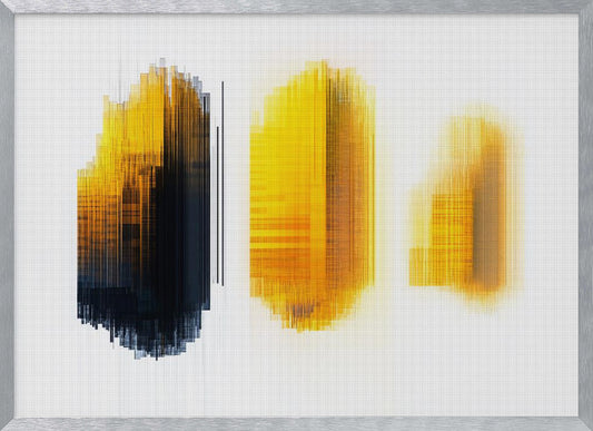 A modern abstract artwork in a silver frame, featuring three vertical formations of lines on a white grid background. The left formation transitions from yellow to black, while the center and right formations are composed of glowing yellow and orange lines, creating a digital, pixelated effect. Poster
