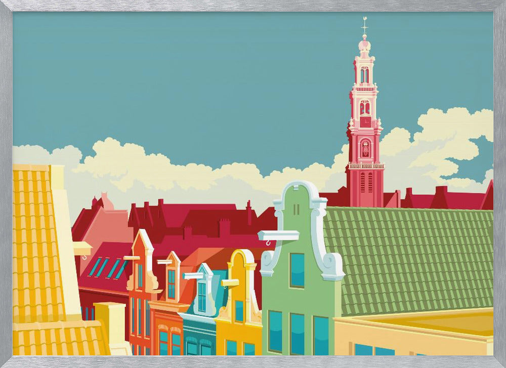 A colorful graphic illustration of the Amsterdam skyline, featuring vibrant gabled houses in green, yellow, and red, with the iconic pink Westerkerk church tower rising against a pale blue sky with white clouds. Decor