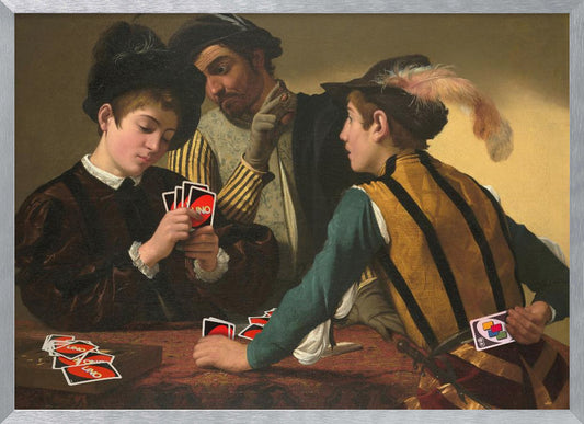 A humorous parody of Caravaggio's classical painting 'The Cardsharps', where the characters are depicted playing the modern card game UNO. An older man cheats by peering at a young player's hand and signaling to his accomplice, who hides a Wild Draw 4 card behind his back. Wall Art
