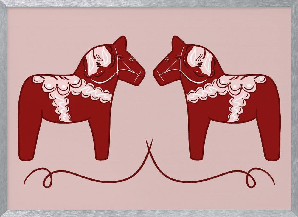 A symmetrical illustration of two red Swedish Dala horses facing each other against a light pink background. The horses are decorated with intricate white and pink folk art patterns. The artwork is presented within a silver frame. Artwork