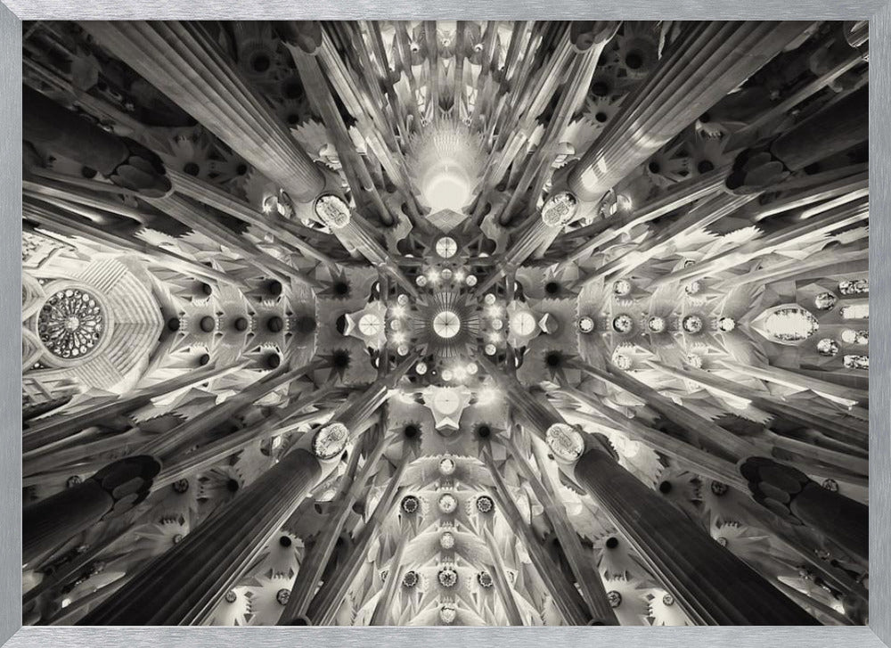 A framed black and white photograph captures the breathtaking, symmetrical ceiling of Gaudí's Sagrada Familia basilica, viewed directly from below. The massive columns rise and branch out like a forest canopy, creating a complex and mesmerizing architectural pattern of vaults, ribs, and skylights. Artwork
