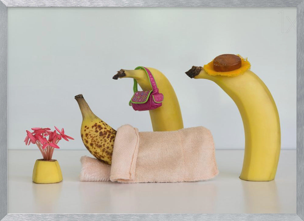 A whimsical still life photo featuring three bananas personified as a family or friends. One overripe, spotted banana lies down, covered by a pink towel, while another banana with a tiny pink purse and a third with a small hat seem to be visiting. A small vase with pink flowers sits nearby on the white surface. Poster