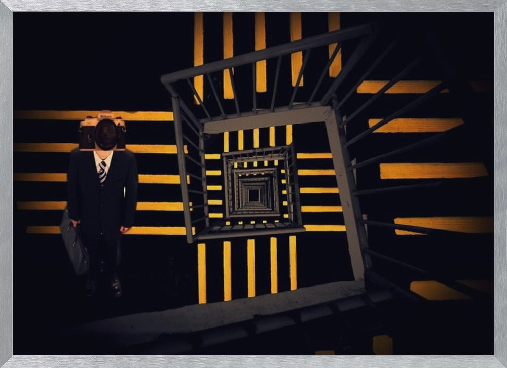 A surreal high-angle view looking down an infinite square spiral staircase with black steps and bold yellow stripes. On a landing stands a man in a dark suit and tie, holding a briefcase, with a vintage camera in place of his head. Artwork