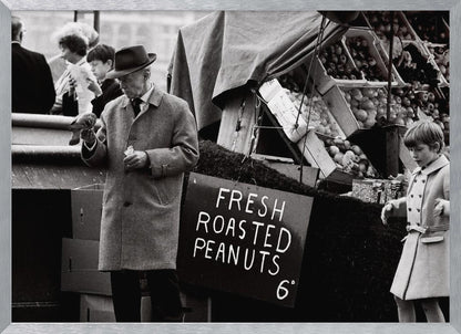 A vintage black and white photograph of an elderly man in a fedora and overcoat feeding a pigeon from his hand at an outdoor market. A sign for 'FRESH ROASTED PEANUTS' is visible next to him, and a young boy in a coat watches nearby. Wall Art