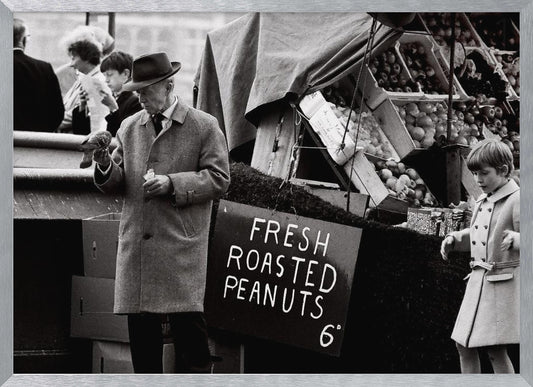 A vintage black and white photograph of an elderly man in a fedora and overcoat feeding a pigeon from his hand at an outdoor market. A sign for 'FRESH ROASTED PEANUTS' is visible next to him, and a young boy in a coat watches nearby. Wall Art