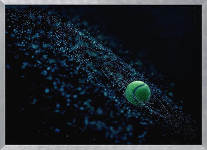 A high-speed photograph captures a spinning green tennis ball against a black background, with a dramatic spray of blue-lit water droplets flying off it in a cosmic-like spiral. Artwork