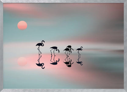 A serene artwork of five black flamingo silhouettes wading in calm water, their reflections mirrored below them. The background is a soft, blurred gradient of pastel pink and teal, with a pale pink sun low in the sky, creating a tranquil sunset scene. Poster