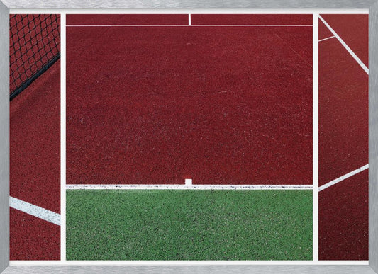 An abstract, framed triptych photograph showing an overhead view of a sports court. The image is divided into panels, featuring geometric blocks of deep red and green court surfaces, intersected by clean white boundary lines and a glimpse of a black net. Decor