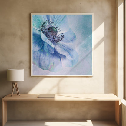 A close-up, artistic photograph of a large blue anemone flower with delicate, layered petals. The center of the flower is a dark, textured black and purple. The background is a soft, textured light blue. The entire image is enclosed in a light-colored wooden frame. Decor