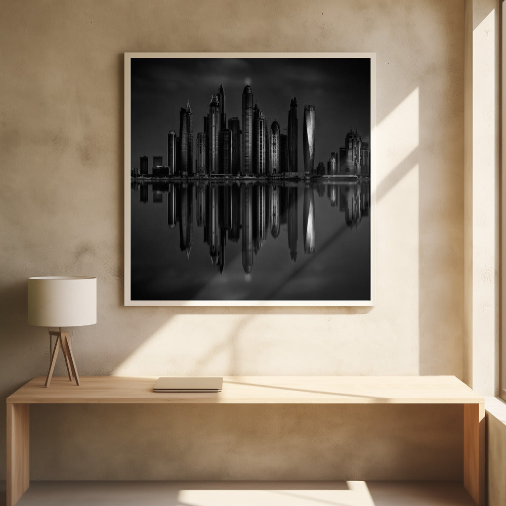 A dramatic black and white photograph of a modern city skyline at night, its towering skyscrapers perfectly reflected in the calm water below, all enclosed within a light brown wooden frame. Print