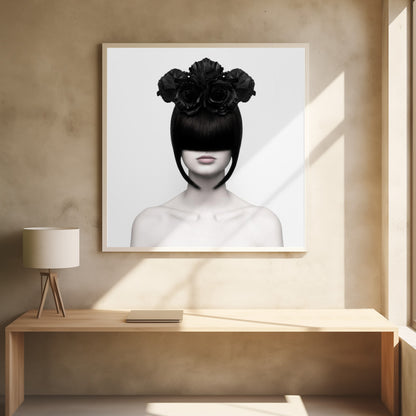 A stylized black and white portrait of a woman with a sleek black bob hairstyle where the bangs completely cover her eyes. She wears a large, elaborate headpiece made of black roses. Her expression is neutral, showing only her mouth and chin. The image is set against a plain white background and enclosed in a light wood frame. Print