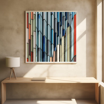 A close-up abstract photograph of a modern building's facade, featuring a complex pattern of colorful, angular glass panels in shades of blue, orange, red, and gray, all presented within a light wood frame. Wall Art