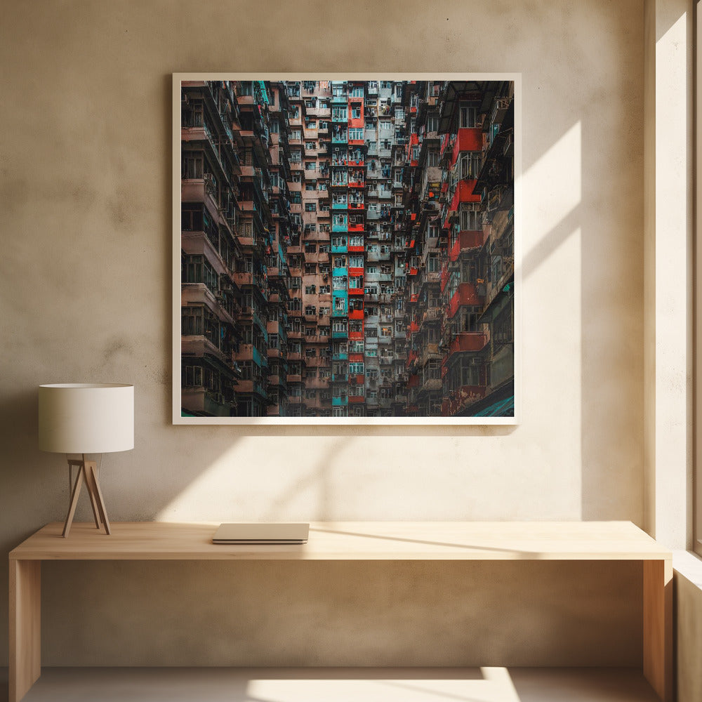A framed, low-angle photograph looking up at densely packed, weathered apartment buildings that create a canyon-like view, with some facades painted in vibrant red and teal. Wall Art