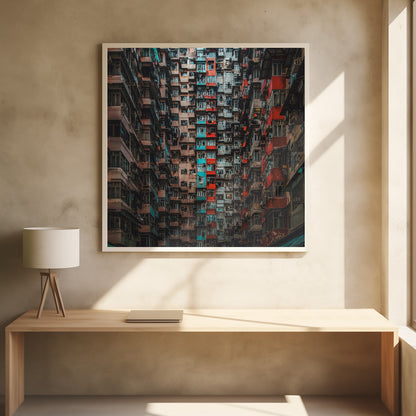 A framed, low-angle photograph looking up at densely packed, weathered apartment buildings that create a canyon-like view, with some facades painted in vibrant red and teal. Wall Art