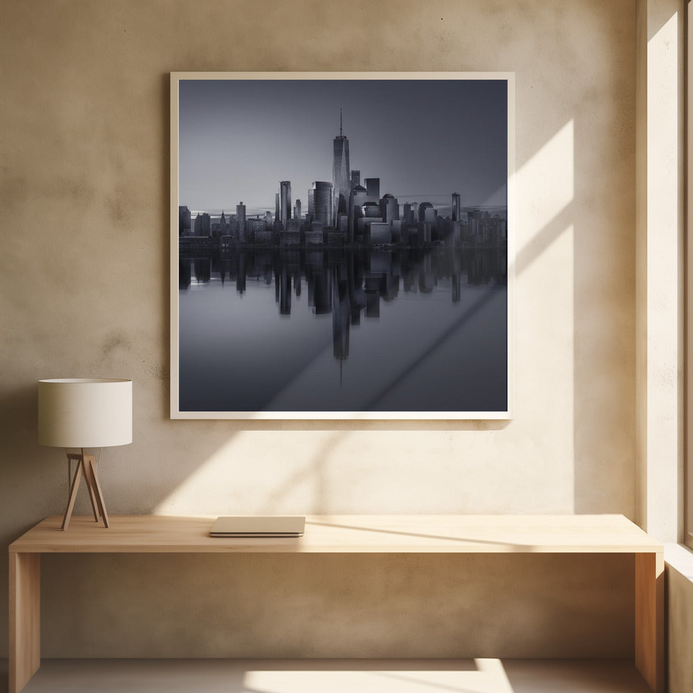 A framed, moody black and white photograph of the Lower Manhattan skyline, featuring the One World Trade Center, with a perfect, still reflection of the skyscrapers in the water below. Decor