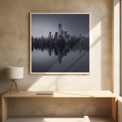 A framed, moody black and white photograph of the Lower Manhattan skyline, featuring the One World Trade Center, with a perfect, still reflection of the skyscrapers in the water below. Decor