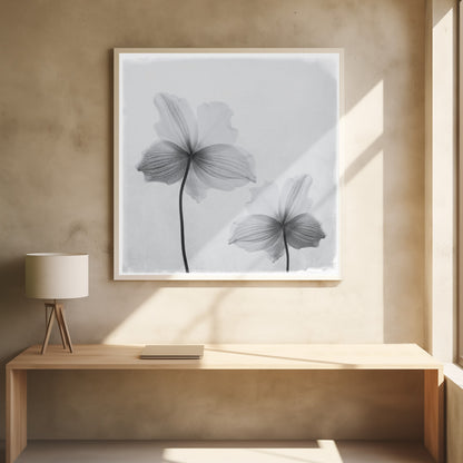 A framed black and white photograph of two translucent flowers seen from behind. Their delicate, paper-like petals are detailed with fine veins against a soft, light gray background. The artwork is enclosed in a simple, light-colored wooden frame. Wall Art