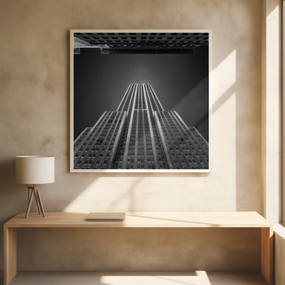 A dramatic, low-angle, black and white photograph of the Empire State Building, looking up from the street. The building's Art Deco lines stretch towards a dark grey sky, with another building visible at the very top of the frame, all enclosed in a light brown wood frame. Wall Art