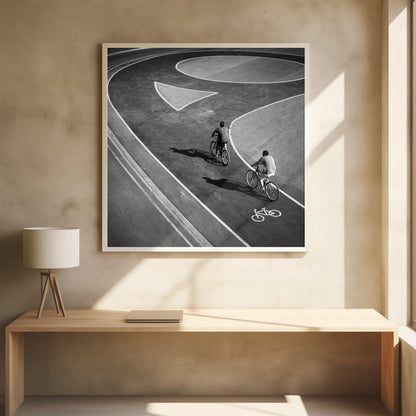 A framed, high-angle black and white photograph of two people cycling on a curving asphalt bike path. The path is marked with bold white lines, including a large arrow and a bicycle symbol, creating a strong graphic pattern. The cyclists cast long shadows on the pavement. Poster