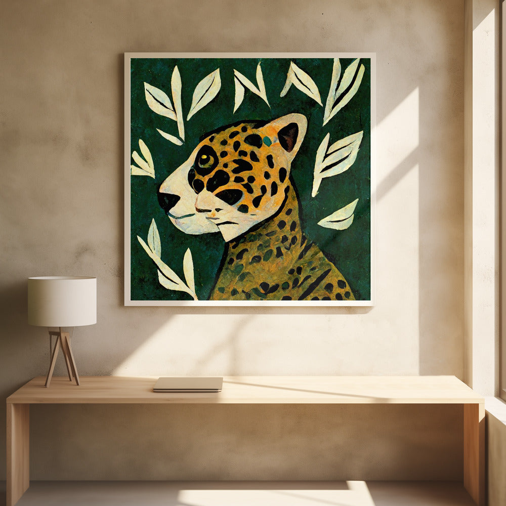 A stylized painting of a jaguar's head and neck in profile against a dark green background. The jaguar has yellow and orange fur with black spots. The background is adorned with scattered, simple, off-white leaf illustrations. The artwork has a textured, folk-art feel and is enclosed in a light wood frame. Decor