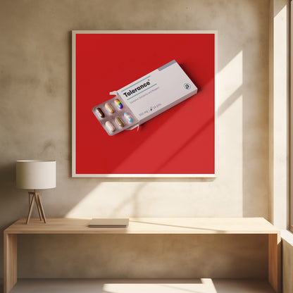 A framed conceptual art piece on a bright red background. It features a white medicine box labeled 'Tolerance', with a blister pack of pills emerging. Most pills are in various skin tones, but one is a rainbow pride flag and another is a transgender pride flag. Artwork
