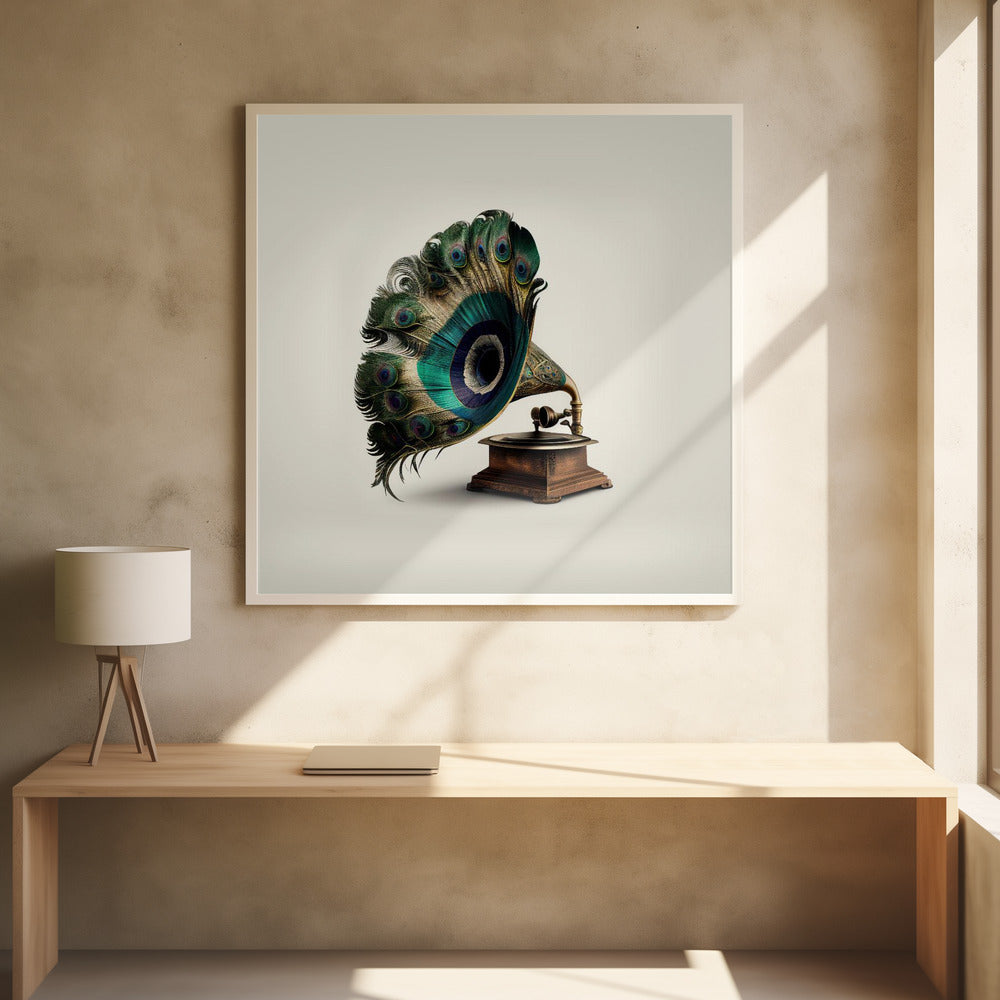 A surrealist artwork of a vintage gramophone where the horn is replaced by a large, fanned-out array of vibrant peacock feathers, complete with their iconic green and blue eye spots. The gramophone has a dark wood base and is set against a plain, off-white background, all within a light-colored wooden frame. Artwork
