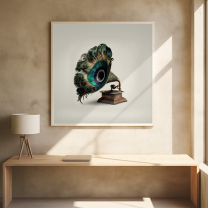 A surrealist artwork of a vintage gramophone where the horn is replaced by a large, fanned-out array of vibrant peacock feathers, complete with their iconic green and blue eye spots. The gramophone has a dark wood base and is set against a plain, off-white background, all within a light-colored wooden frame. Artwork