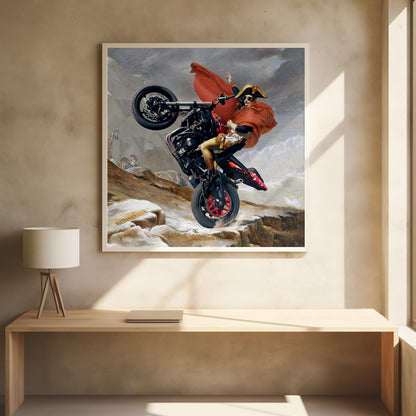 A framed parody artwork of the classic painting 'Napoleon Crossing the Alps.' Instead of a horse, Napoleon Bonaparte is performing a dramatic wheelie on a modern black and red motorcycle. He wears sunglasses, his signature bicorne hat, and a flowing red cape against a snowy, mountainous backdrop. Print