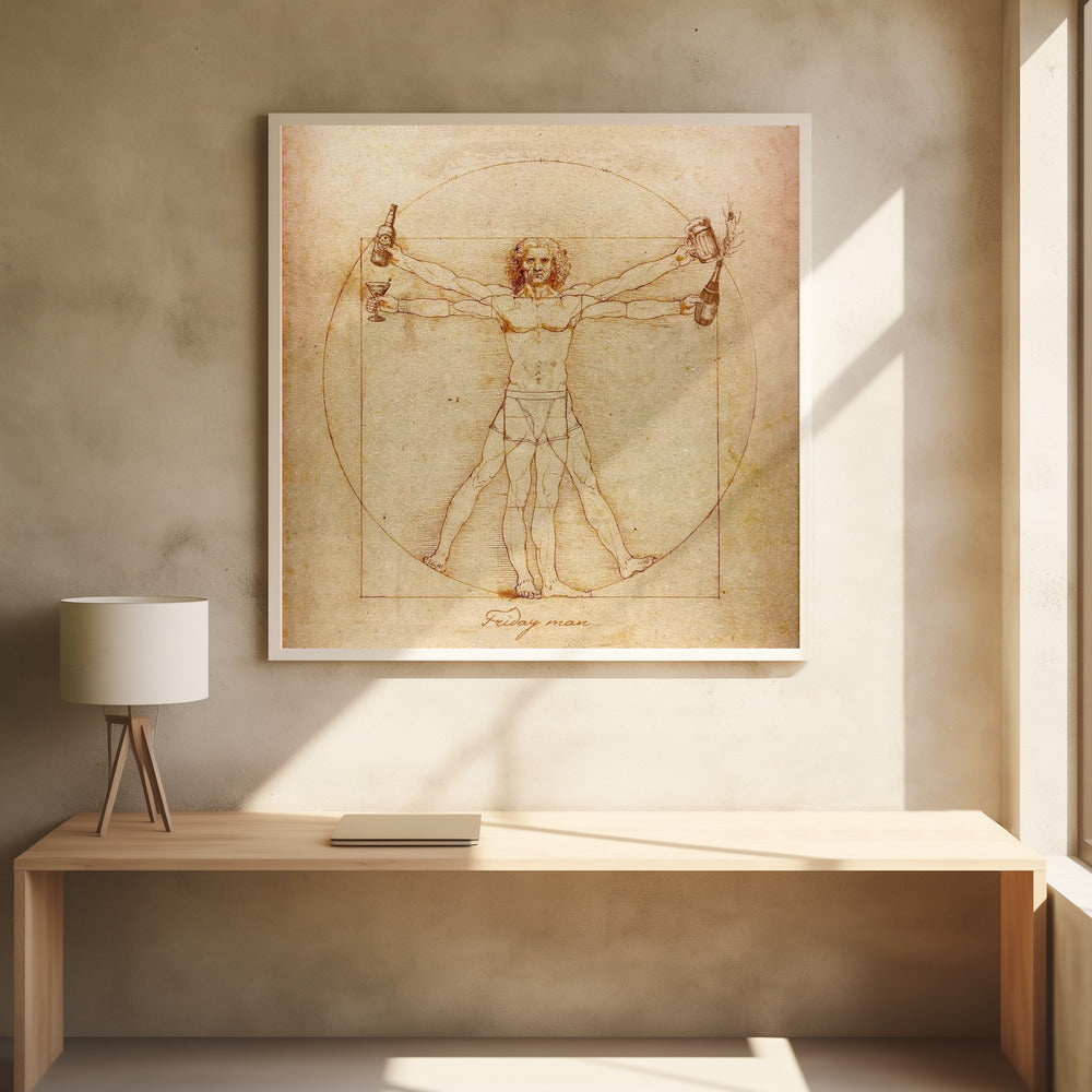 A humorous parody of Leonardo da Vinci's Vitruvian Man, drawn in a sepia-toned, vintage style. The figure, labeled 'Friday man', is depicted with four arms holding a beer bottle, a cocktail glass, a beer mug, and a champagne bottle, all within the classic circle and square. The image is presented in a light wood frame. Poster