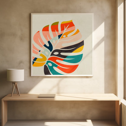 A framed abstract artwork featuring a stylized Monstera leaf. The leaf is composed of various colorful blocks and stripes in orange, teal, pink, and dark blue, set against a beige background. Print
