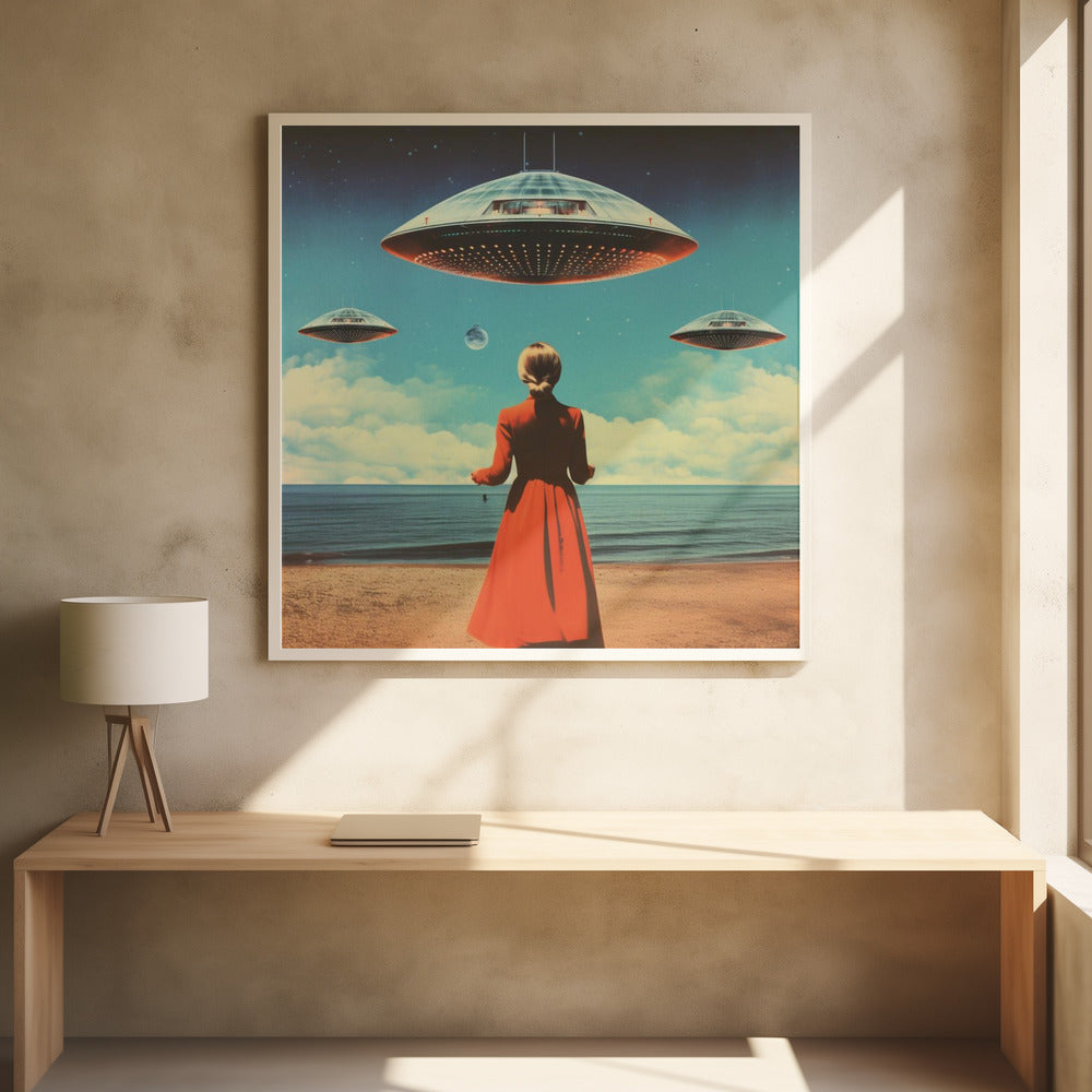 A vintage-style collage artwork showing a woman in a long red coat standing on a sandy beach, looking up at three large flying saucers hovering in a surreal sky that transitions from day to night. Artwork