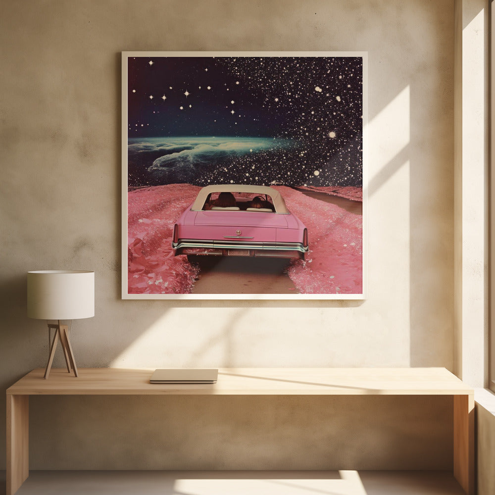A framed collage-style artwork depicting a vintage pink convertible from behind, driving on a surreal pink road. The background is a vast, dark, star-filled space with a luminous, cloudy planet horizon. Poster